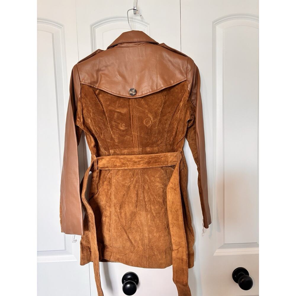 IMAN Global Chic Suede Leather Trench Belt 70s Retro Boho Coat Double Breast XS - Picture 4 of 13